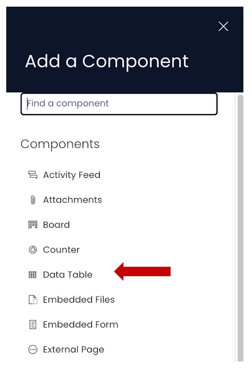 Data table in component list